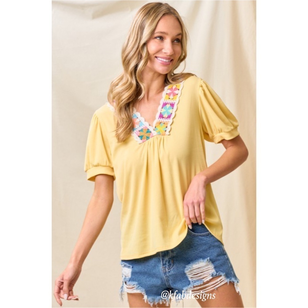 NEW! Sunny Yellow! V Neck Top with Floral Crochet Trim!